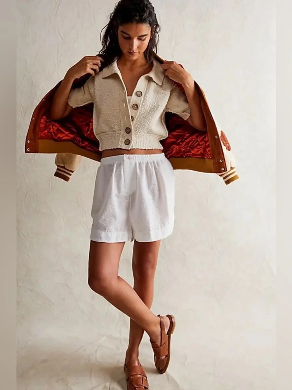 Free People We The Free Molli Sweater Shirt Medium Ivory Short Sleeve Button Up